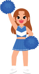 cute girl in cheerleading blue uniform, smile cheerleader dance and jump, cheerful support sport game, smile cheerleader girl with pom-pom entertain and cheering competition sport day