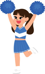 cute girl in cheerleading blue uniform, smile cheerleader dance and jump, cheerful support sport game, smile cheerleader girl with pom-pom entertain and cheering competition sport day