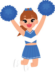 cute girl in cheerleading blue uniform, smile cheerleader dance and jump, cheerful support sport game, smile cheerleader girl with pom-pom entertain and cheering competition sport day