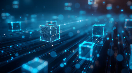 Obraz premium Luminous Floating Cubes Connected by Blue Data Streams – 3D Abstract AI Network Background