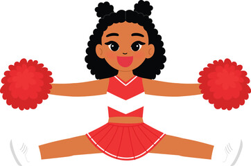 cute black girl in cheerleading red uniform, smile cheerleader dance and jump, cheerful support sport game, smile cheerleader girl with pom-pom entertain and cheering competition sport day