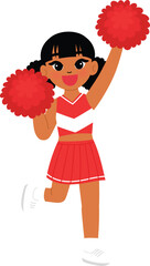 cute black girl in cheerleading red uniform, smile cheerleader dance and jump, cheerful support sport game, smile cheerleader girl with pom-pom entertain and cheering competition sport day