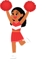 cute black girl in cheerleading red uniform, smile cheerleader dance and jump, cheerful support sport game, smile cheerleader girl with pom-pom entertain and cheering competition sport day
