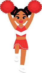 cute black girl in cheerleading red uniform, smile cheerleader dance and jump, cheerful support sport game, smile cheerleader girl with pom-pom entertain and cheering competition sport day