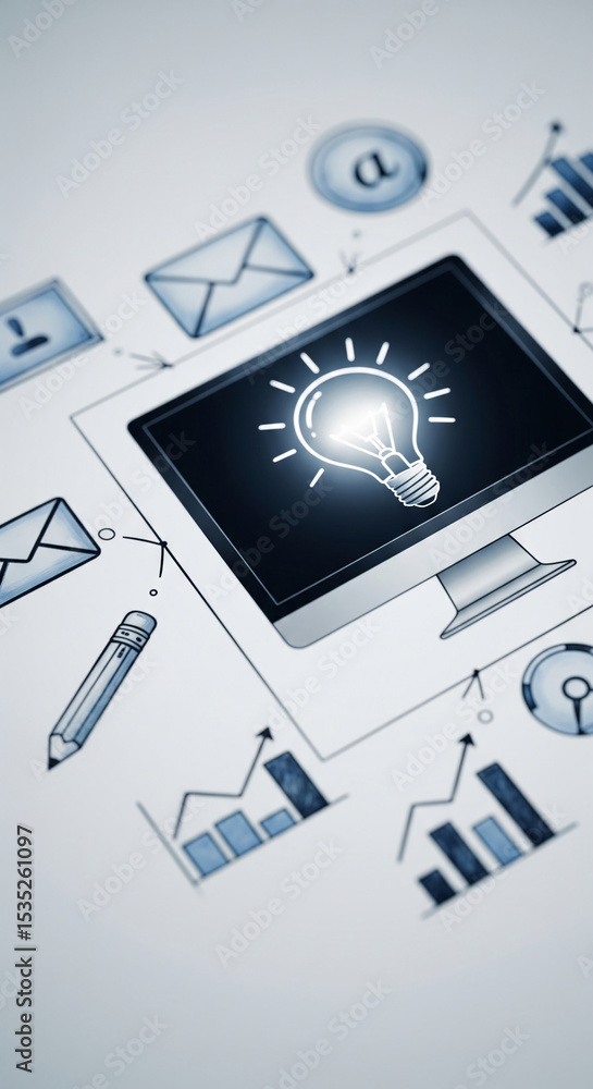 Poster computer screen displaying a lightbulb, surrounded by sketched graphs, emails, and symbols, represen