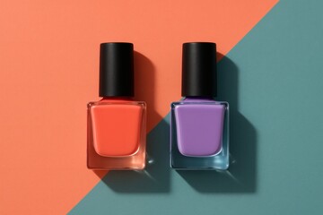Obraz premium Color Block Nail Polish Flat Lay on Diagonal Coral and Teal Background Photorealistic Minimal Beauty Product Image