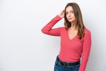 Young caucasian woman isolated on white background having doubts