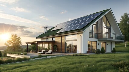 Obraz premium Modern sustainable home with solar panels green roof sunset