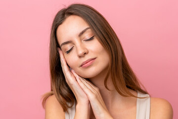 Portrait caucasian woman isolated on pink background . Portrait