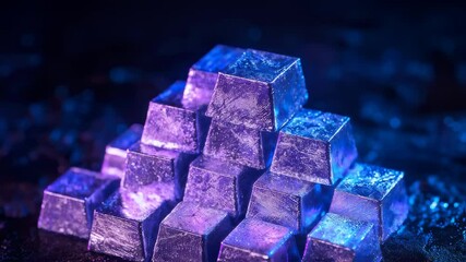 A collection of small europium ingots, stacked in a pyramid shape