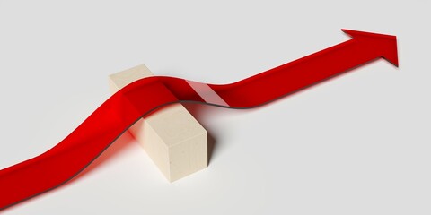 Red transparent arrow overcoming obstacle wall on white background, obstacle overcomng or business success concept