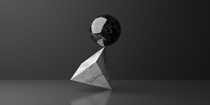 Black marble ball or sphere balancing on white marble pyramid over gray background, abstract balance or stability concept