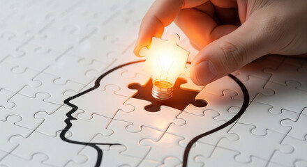 A hand places a glowing lightbulb puzzle piece into a head-shaped jigsaw, symbolizing the breakthrough of an idea, innovation, and intellectual activation