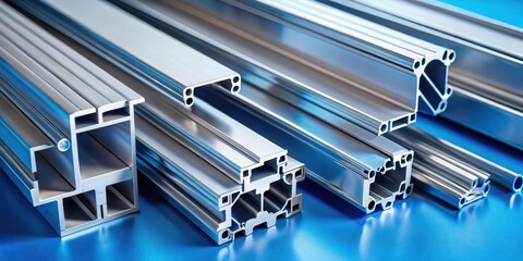 Close-up shot of various aluminum extrusion profiles in front of a blue background , High-Quality Images, Blue Background