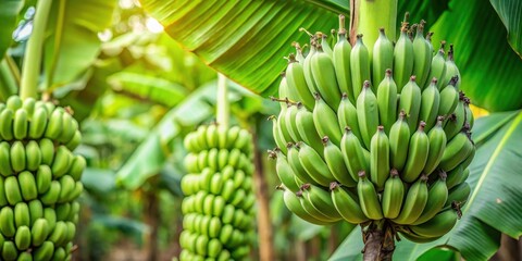 Dense cluster of green tropical banana fruits hanging from a curved stem amidst lush foliage on a plantation, close-up photography, tropics