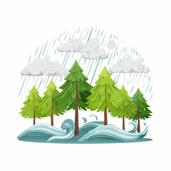 Vector Rain and storm winds blowing trees