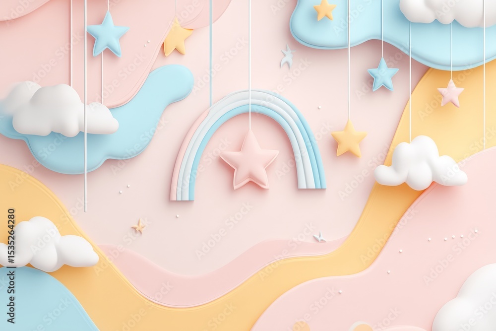 Poster the image features a 3d cartoon illustration of an abstract rainbow and clouds, isolated on a white 