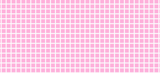 Seamless pattern with small white square grid on pink background. Repeating minimal geometric checkered texture.