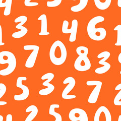 Seamless pattern with hand-drawn white numbers on bright orange background. Repeating numeric texture in playful handwritten style.