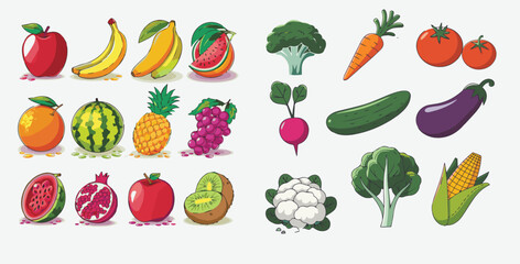 Colorful Fruits and Vegetables Icon Vector Set – Healthy Food Flat Design for Nutrition, Grocery, and Organic Market
