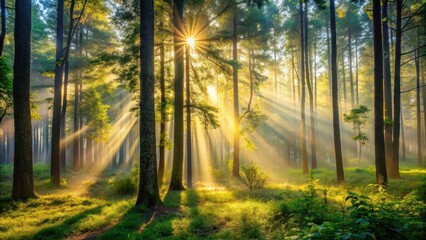 Fototapeta premium Forest mist at dawn, with sunbeams filtering through dense foliage creating intricate shadows and highlights on tree trunks , sunlight filtering, woodland atmosphere