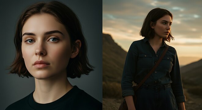 A split image of a woman in different settings and attire