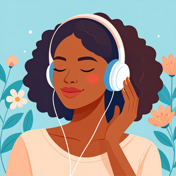 Illustration of a Woman Relaxing with Headphones and Music in Floral Background