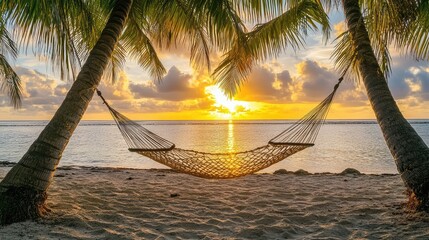 A hammock stretched between two palm trees on a tropical beach at sunrise