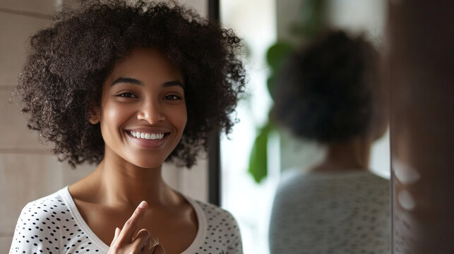 Smiling person touching their belly proudly in front of a mirror