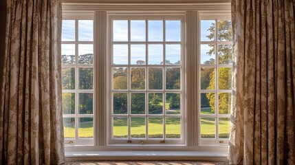 Classic sash window with white frame, antique brass latch, and lace curtains