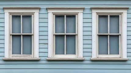 Classic white-framed windows on pale blue clapboard siding of vintage home