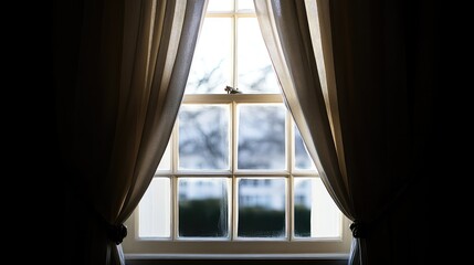 Classic window with mullioned glass and soft curtain shadows inside