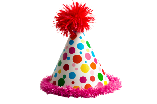 A vibrant birthday hat with multicolored dots and fluffy pink trim, isolated on a white background. 