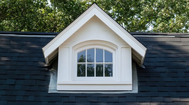 Classic style dormer window with triangular gable roof and painted white trim