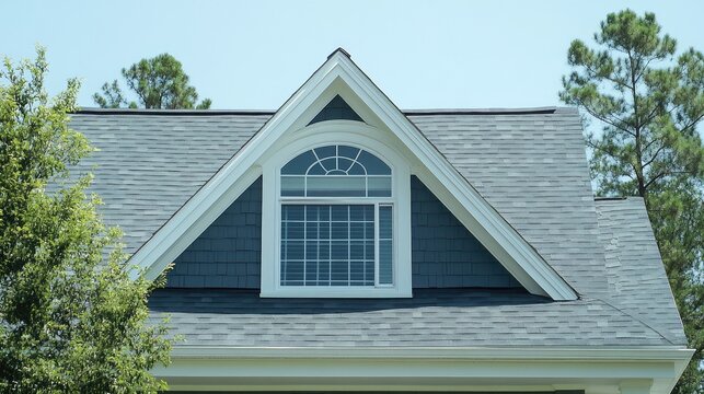 Classic style dormer window with triangular gable roof and painted white trim - Powered by Adobe