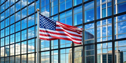 A panoramic view of the American flag waving proudly in a sleek glass skyscraper's windowpane against a clear blue sky on a sunny day , building, skyscraper