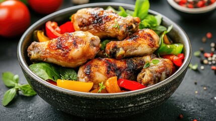 Fototapeta premium Crispy fried chicken legs in a round bowl with colorful bell peppers and sauce