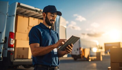 Delivery man using tablet outdoors
