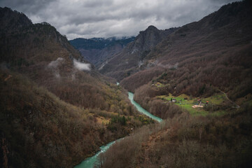 Tara River Canyon in Montenegro in spring, view of mountains and river, beautiful landscape