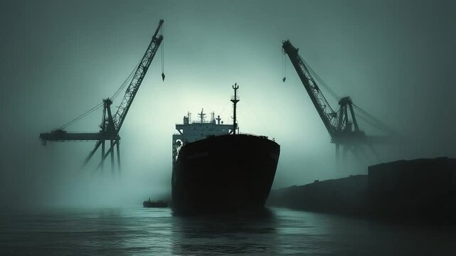 Cargo Ship in Fog: A large cargo ship sits silently in a thick fog, dwarfed by towering industrial cranes. The scene evokes a sense of mystery and scale, highlighting the power of nature and industry.