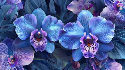 A captivating closeup of vibrant blue and purple orchids in full bloom, showcasing their intricate petal patterns and delicate beauty against a backdrop of lush leaves