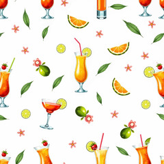 Obraz premium Colorful cocktail pattern with fruits and leaves on white background 