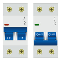 Realistic double pole circuit breaker switches in On and Off positions
