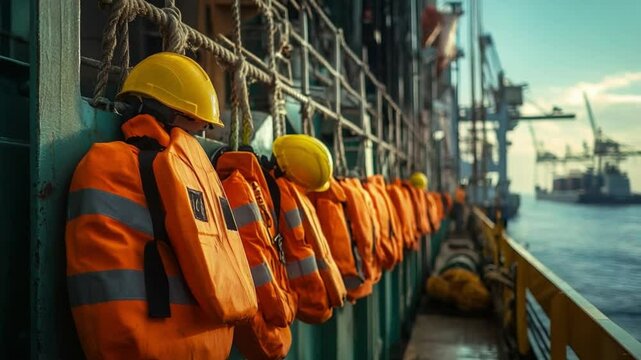 Life jackets hanging on Cargo ship: Bright orange life jackets hanging neatly on the side of a cargo ship.