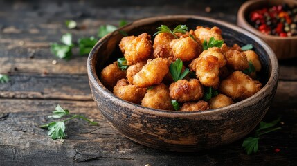 Fototapeta premium Fried chicken nuggets in a ceramic dish with colorful garnish and rustic backdrop