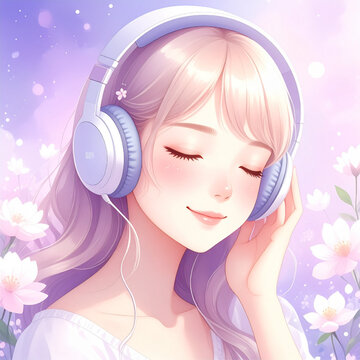 Anime Girl Listening to Music with Headphones and Flowers

