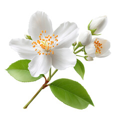 Elegant White Jasmine Flower with Buds and Green Leaves on Transparent Background