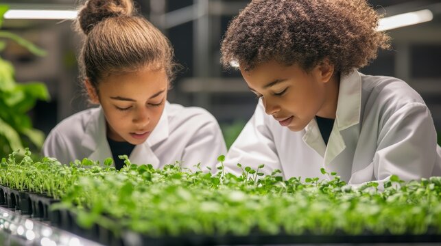 Young Scientists Examining Seedlings in a Greenhouse