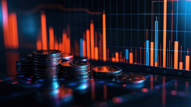 Stacks of coins positioned on a digital display with financial charts.
