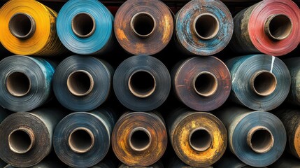Industrial stack of coiled sheet metal with reflective surfaces in warehouse lighting